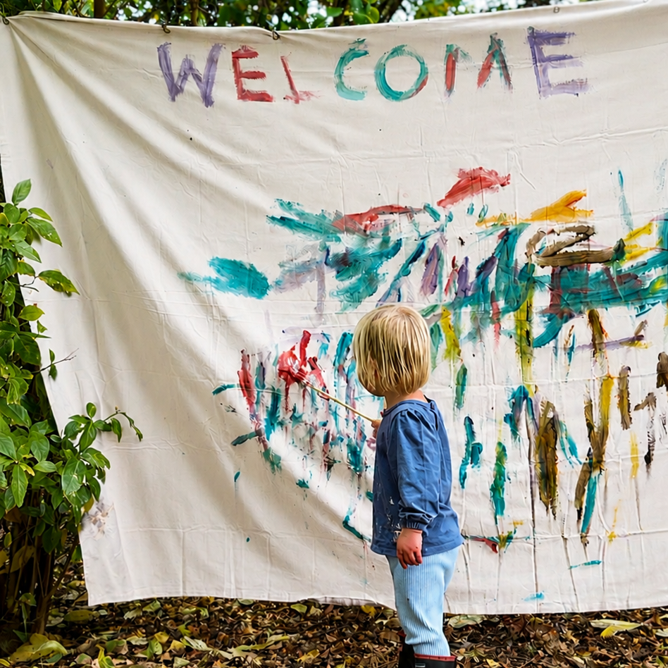 A young child stands in front of a large white canvas tapestry printed with the word 'WELCOME' and colorful abstract paint splatters, set outdoors in a leafy garden with paint cups on the ground.