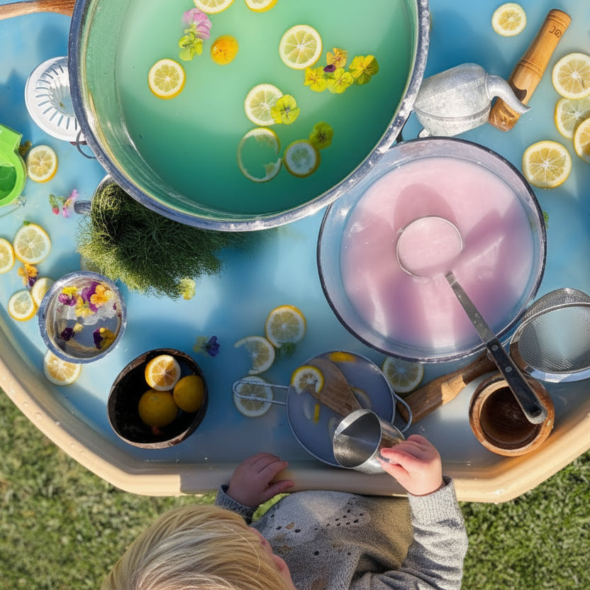 A child stands beside a large outdoor sensory play table on grass, interacting with bowls, strainers, lemon slices, flowers, and colorful liquids. The scene is photographed from above in bright natural light.