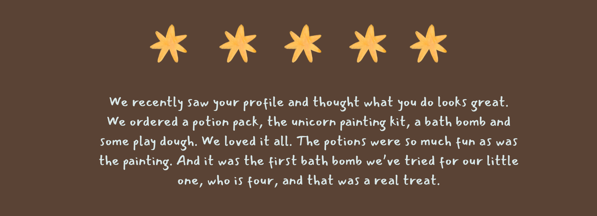 A brown square graphic with five yellow star icons across the top and a centered block of white handwritten-style text below.